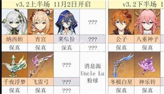 原神3.2版本中有哪些四星角色？