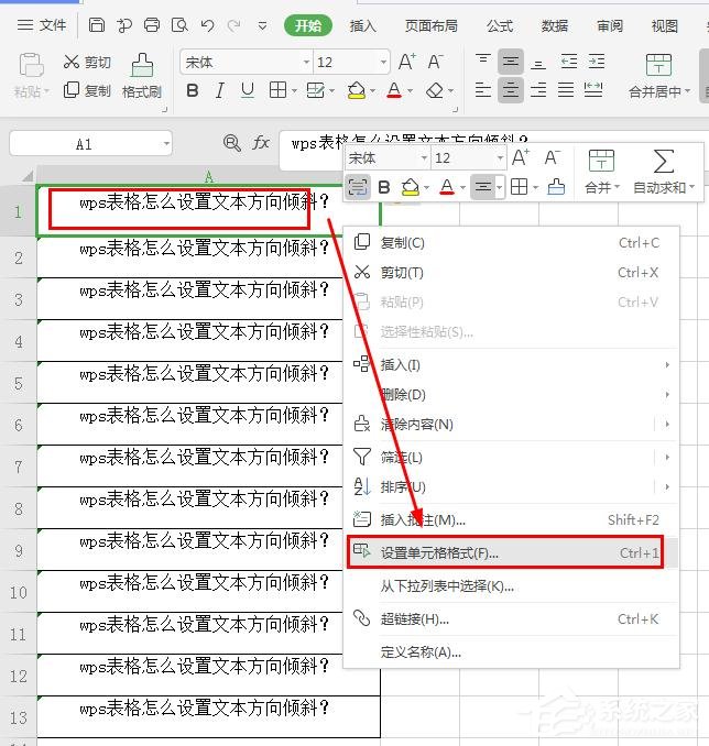 wps表格中如何设置文字方向